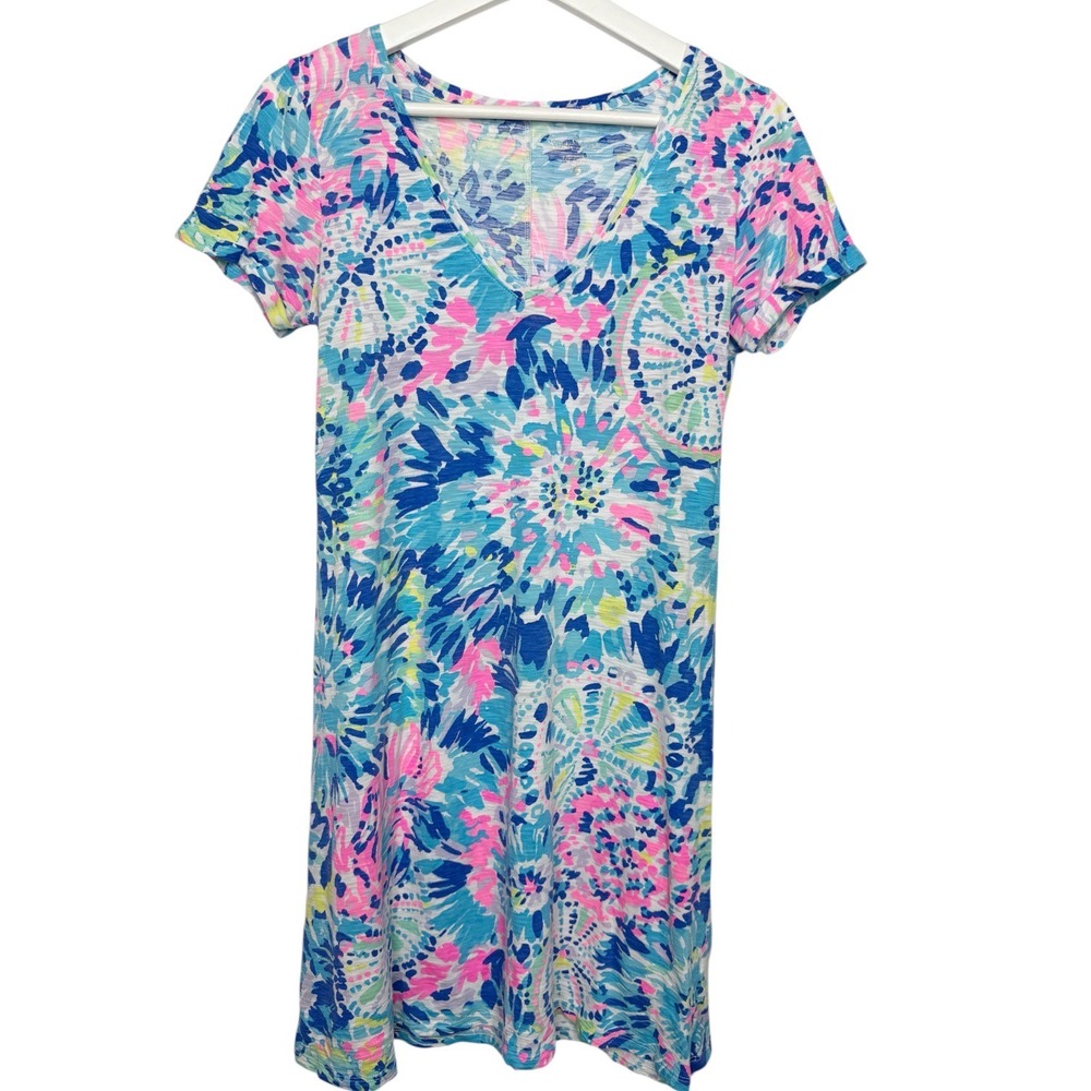 Lilly Pulitzer VNeck Dress Blue Pink Starburst Celestial Print Cotton Size Small